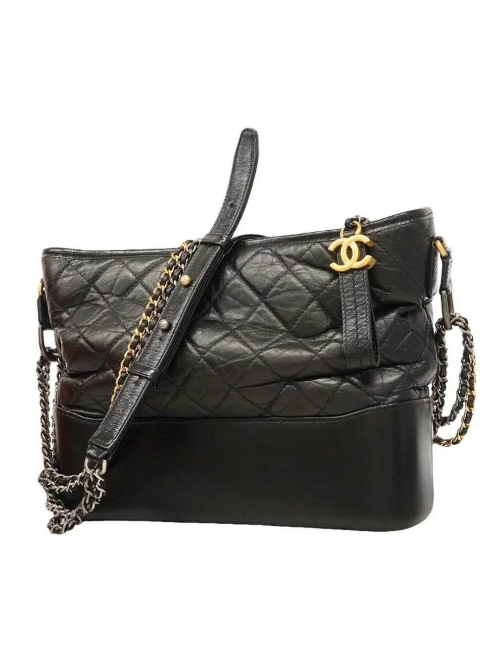 Chanel Shoulder Bag Gabrielle Leather Black Gold Silver